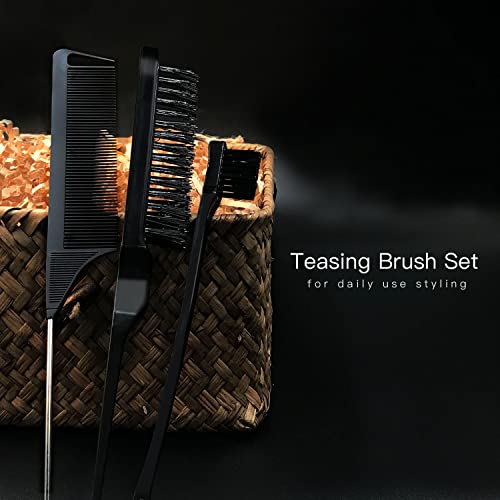 3 Pieces Teasing Brush Set Bristle Hair Brush 3 Row Teasing Brush Dual Edge Brush Sturdy Styling Comb Parting Comb for Brushing, Combing, Slicking Hair for Stylist Women (Black) - Image 6